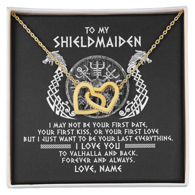 Interlocking Hearts Necklace 18K Yellow Gold Finish | Personalized To My Shieldmaiden Necklace Viking I Love You to Valhalla Jewelry For Wife Girlfriend From Husband Birthday Anniversary Customized Message Card | teecentury
