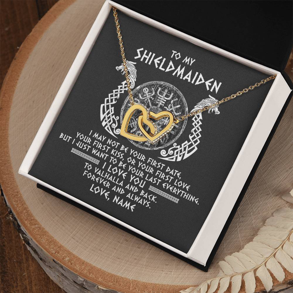 Interlocking Hearts Necklace 18K Yellow Gold Finish | Personalized To My Shieldmaiden Necklace Viking I Love You to Valhalla Jewelry For Wife Girlfriend From Husband Birthday Anniversary Customized Message Card | teecentury