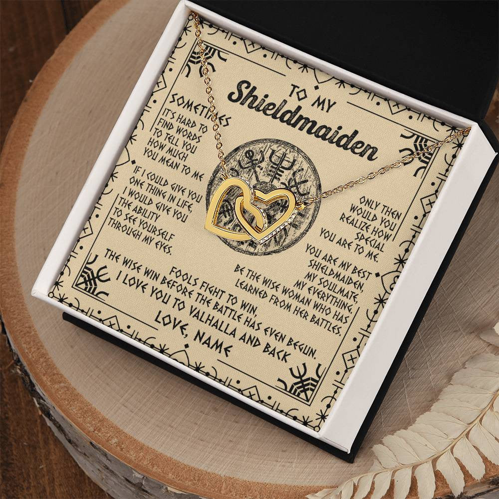 Interlocking Hearts Necklace 18K Yellow Gold Finish | Personalized To My Shieldmaiden Necklace Viking Vintage I Love You to Valhalla Jewelry Fiancee Wife Girlfriend Birthday Anniversary Customized Message Card | teecentury