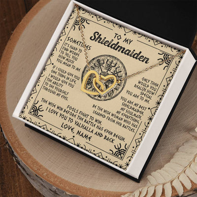 Interlocking Hearts Necklace 18K Yellow Gold Finish | Personalized To My Shieldmaiden Necklace Viking Vintage I Love You to Valhalla Jewelry Fiancee Wife Girlfriend Birthday Anniversary Customized Message Card | teecentury