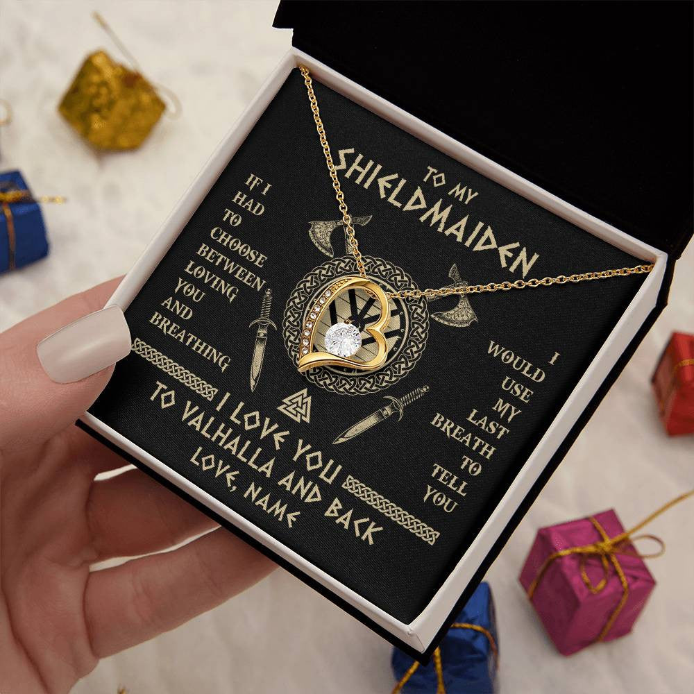 Forever Love Necklace 18K Yellow Gold Finish | 2 | Personalized To My Shieldmaiden Viking Necklace Wife From Husband I Love You To Valhalla Soulmate Girlfriend Birthday Anniversary Customized Gift Box Message Card | teecentury