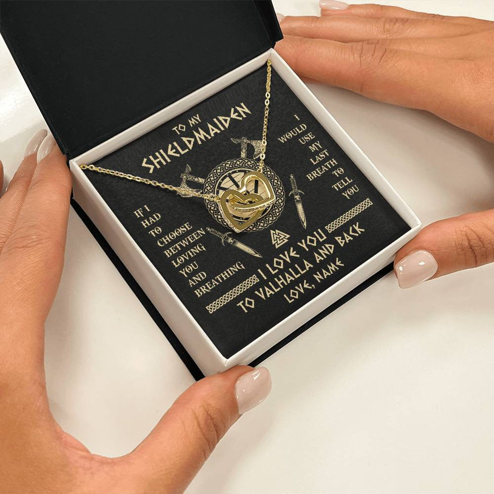 Interlocking Hearts Necklace 18K Yellow Gold Finish | 2 | Personalized To My Shieldmaiden Viking Necklace Wife From Husband I Love You To Valhalla Soulmate Girlfriend Birthday Anniversary Customized Gift Box Message Card | teecentury