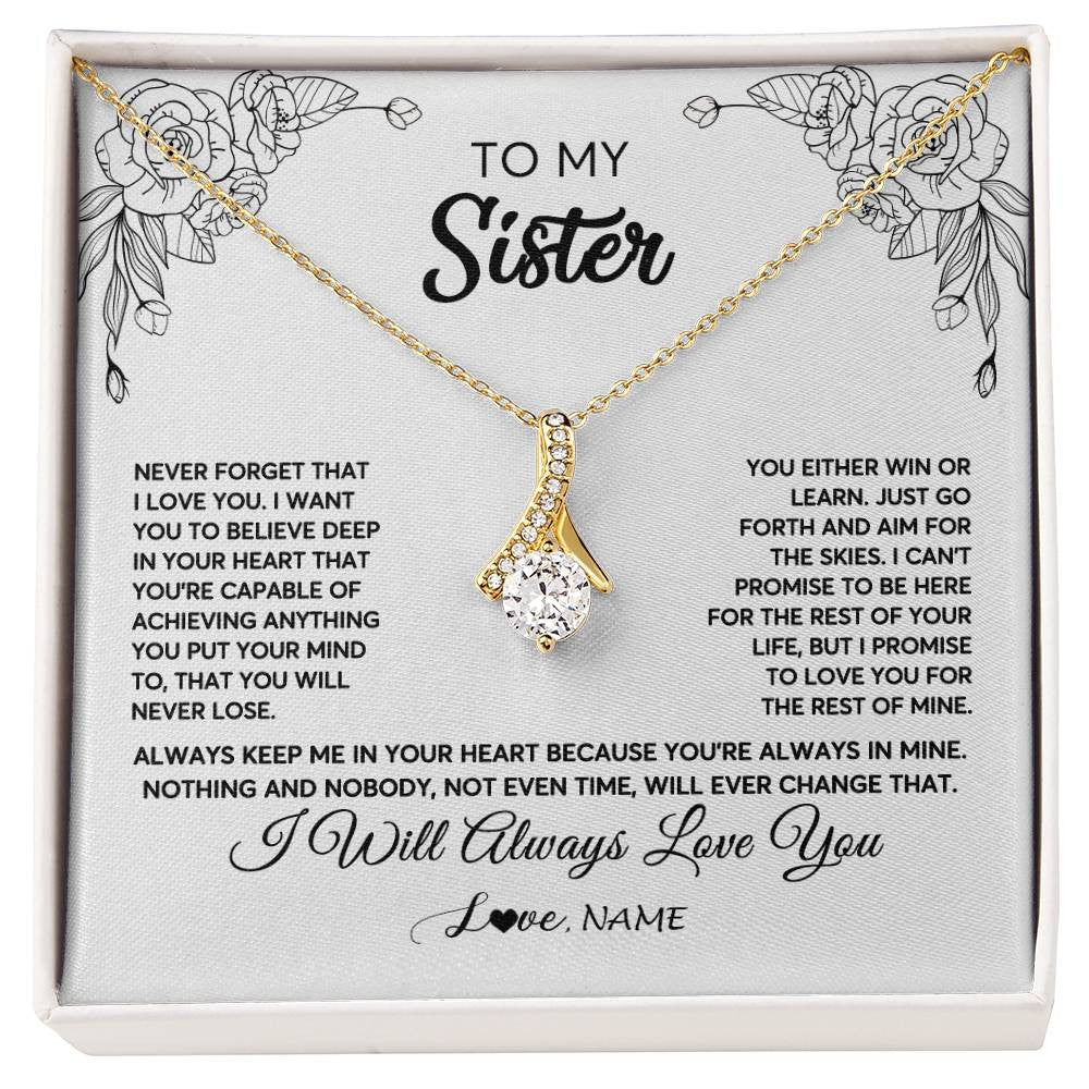 Alluring Beauty Necklace 18K Yellow Gold Finish | Personalized To My Sister Necklace From Brother Never Forget That I Love You Sister Birthday Graduation Christmas Jewelry Customized Gift Box Message Card | teecentury