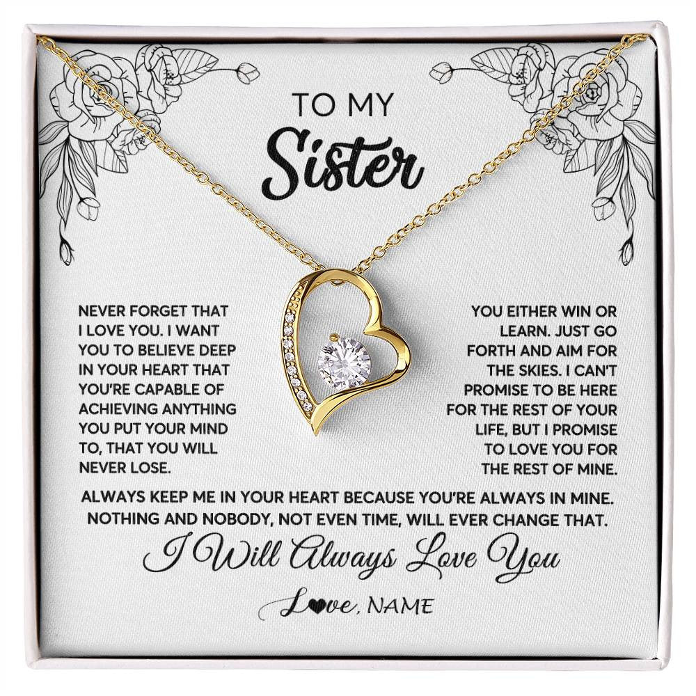 Forever Love Necklace 18K Yellow Gold Finish | Personalized To My Sister Necklace From Brother Never Forget That I Love You Sister Birthday Graduation Christmas Jewelry Customized Gift Box Message Card | teecentury