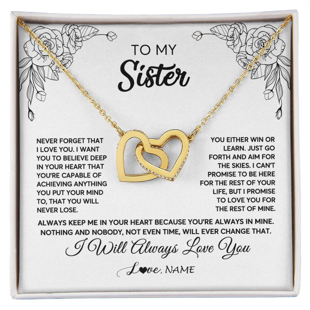 Interlocking Hearts Necklace 18K Yellow Gold Finish | Personalized To My Sister Necklace From Brother Never Forget That I Love You Sister Birthday Graduation Christmas Jewelry Customized Gift Box Message Card | teecentury