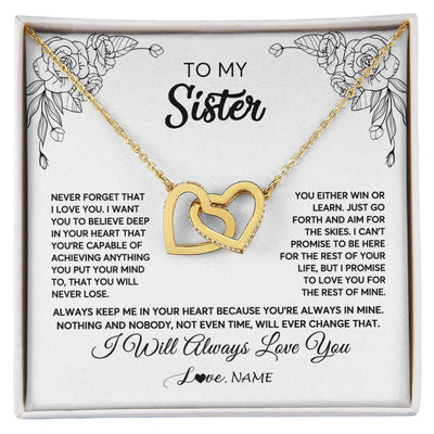Interlocking Hearts Necklace 18K Yellow Gold Finish | Personalized To My Sister Necklace From Brother Never Forget That I Love You Sister Birthday Graduation Christmas Jewelry Customized Gift Box Message Card | teecentury
