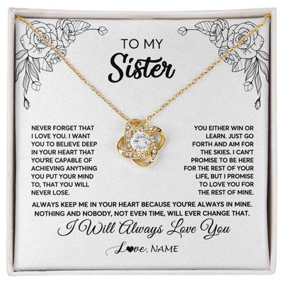 Love Knot Necklace 18K Yellow Gold Finish | Personalized To My Sister Necklace From Brother Never Forget That I Love You Sister Birthday Graduation Christmas Jewelry Customized Gift Box Message Card | teecentury