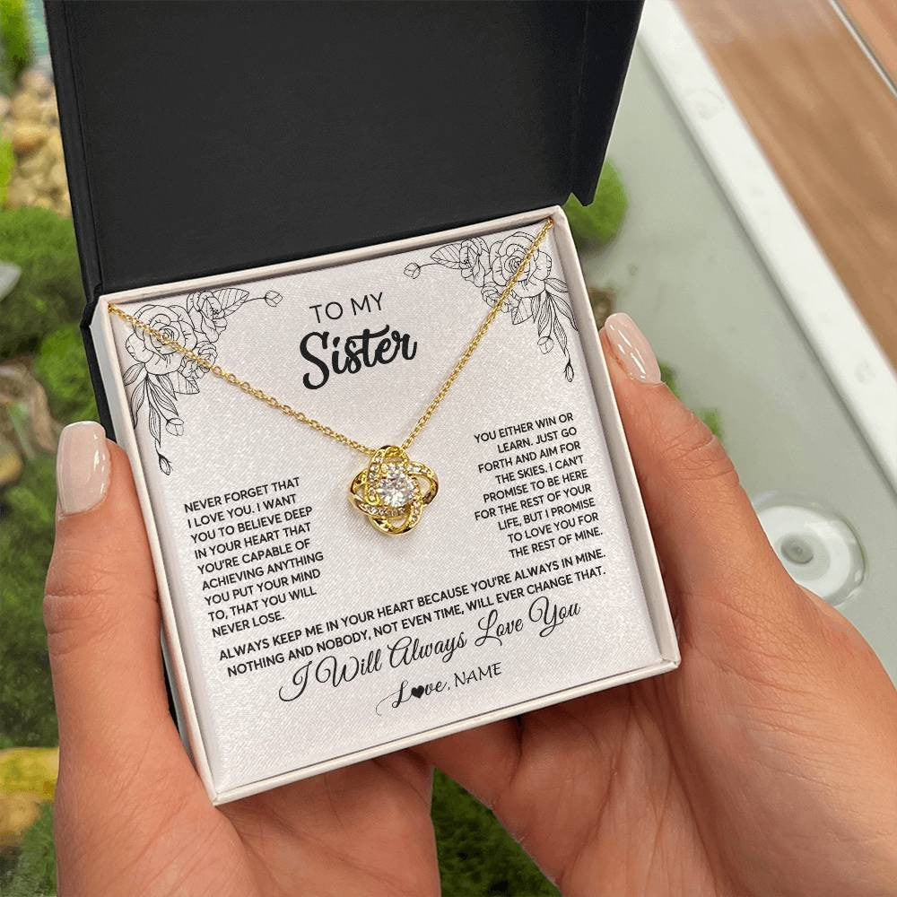 Love Knot Necklace 18K Yellow Gold Finish | Personalized To My Sister Necklace From Brother Never Forget That I Love You Sister Birthday Graduation Christmas Jewelry Customized Gift Box Message Card | teecentury