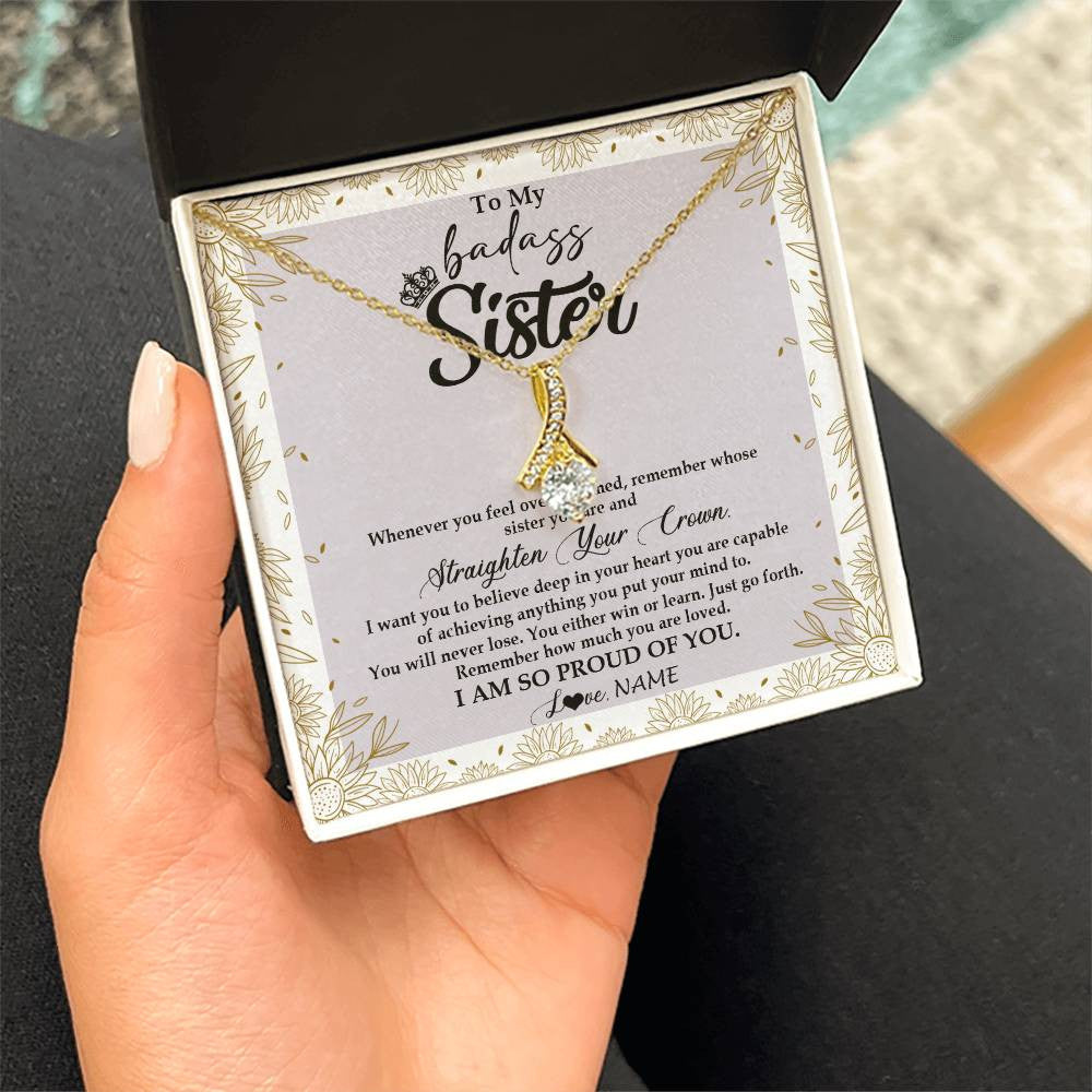 Alluring Beauty Necklace 18K Yellow Gold Finish | Personalized To My Sister Necklace From Brother Sister Straighten Your Crown Sister Birthday Christmas Graduation Jewelry Customized Gift Box Message Card | teecentury
