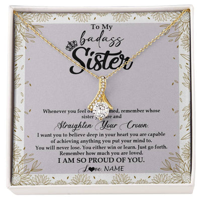 Alluring Beauty Necklace 18K Yellow Gold Finish | Personalized To My Sister Necklace From Brother Sister Straighten Your Crown Sister Birthday Christmas Graduation Jewelry Customized Gift Box Message Card | teecentury