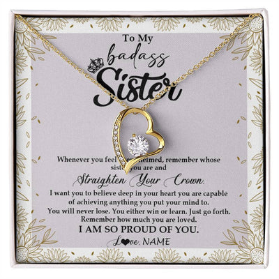 Forever Love Necklace 18K Yellow Gold Finish | Personalized To My Sister Necklace From Brother Sister Straighten Your Crown Sister Birthday Christmas Graduation Jewelry Customized Gift Box Message Card | teecentury