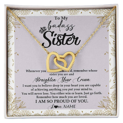 Interlocking Hearts Necklace 18K Yellow Gold Finish | Personalized To My Sister Necklace From Brother Sister Straighten Your Crown Sister Birthday Christmas Graduation Jewelry Customized Gift Box Message Card | teecentury