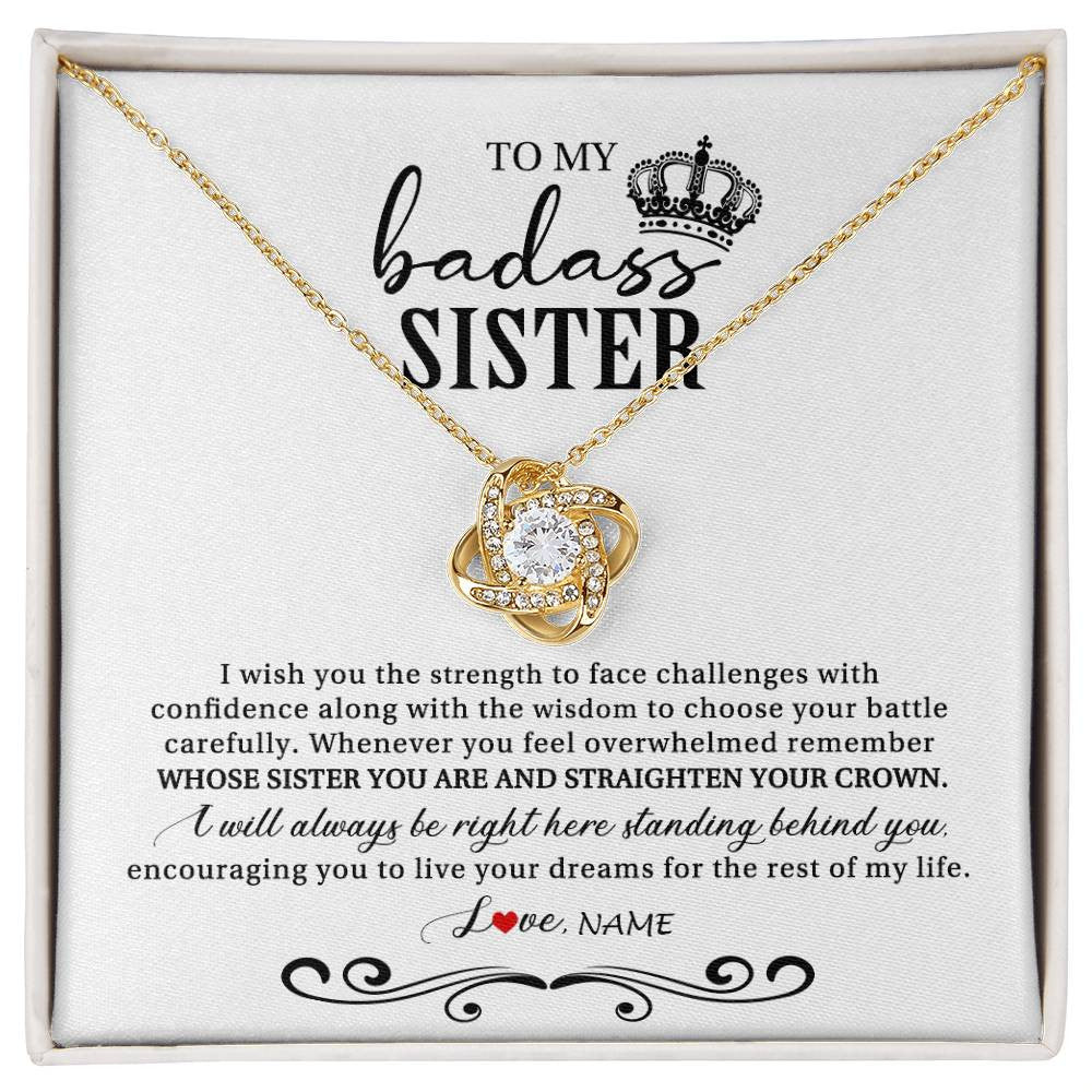 Love Knot Necklace 18K Yellow Gold Finish | Personalized To My Sister Necklace From Brother Sister Wish You The Strength Sister Birthday Christmas Graduation Jewelry Customized Gift Box Message Card | teecentury