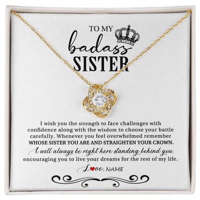 Love Knot Necklace 18K Yellow Gold Finish | Personalized To My Sister Necklace From Brother Sister Wish You The Strength Sister Birthday Christmas Graduation Jewelry Customized Gift Box Message Card | teecentury