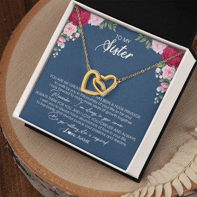 Interlocking Hearts Necklace 18K Yellow Gold Finish | Personalized To My Sister Necklace From Brother Sister You Are My Greatest Gift Sister Birthday Christmas Customized Jewelry Gift Box Message Card | teecentury