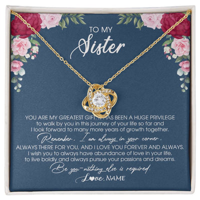 Love Knot Necklace 18K Yellow Gold Finish | Personalized To My Sister Necklace From Brother Sister You Are My Greatest Gift Sister Birthday Christmas Customized Jewelry Gift Box Message Card | teecentury