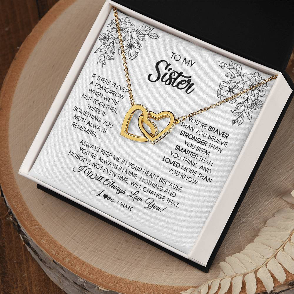 Interlocking Hearts Necklace 18K Yellow Gold Finish | Personalized To My Sister Necklace From Brother Sister You're Braver Stronger Smarter Sister Birthday Christmas Customized Jewelry Gift Box Message Card | teecentury