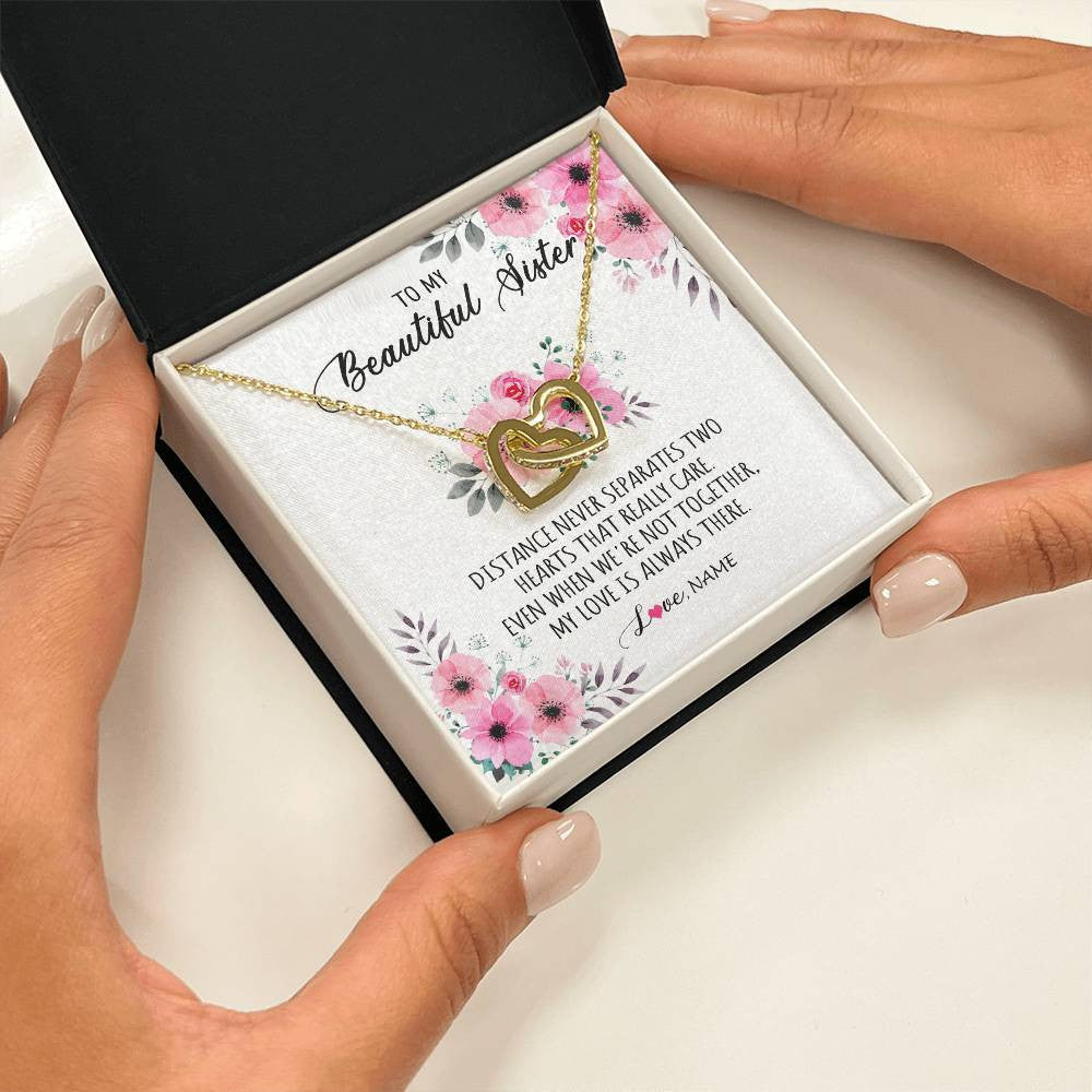 Interlocking Hearts Necklace 18K Yellow Gold Finish | Personalized To My Sister Necklace From Sister Brother My Love Is Always There Sister Birthday Graduation Christmas Jewelry Customized Gift Box Message Card | teecentury