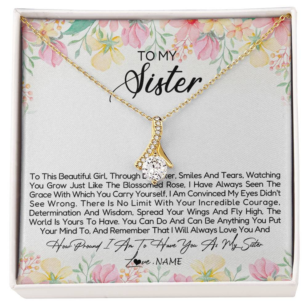 Alluring Beauty Necklace 18K Yellow Gold Finish | Personalized To My Sister Necklace From Sister Brother To This Beautiful Girl Sister Pendant Jewelry Birthday Christmas Customized Gift Box Message Card | teecentury