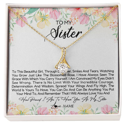 Alluring Beauty Necklace 18K Yellow Gold Finish | Personalized To My Sister Necklace From Sister Brother To This Beautiful Girl Sister Pendant Jewelry Birthday Christmas Customized Gift Box Message Card | teecentury
