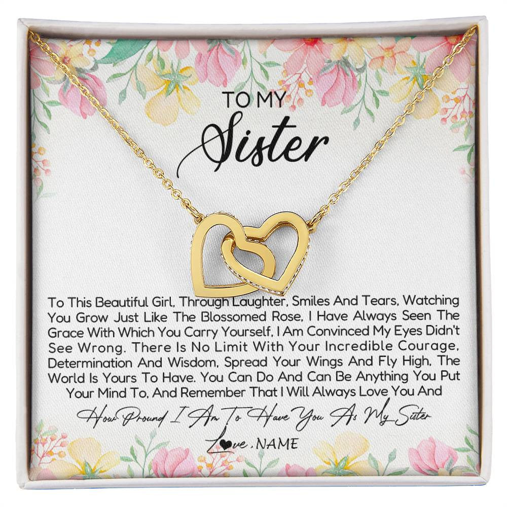 Interlocking Hearts Necklace 18K Yellow Gold Finish | Personalized To My Sister Necklace From Sister Brother To This Beautiful Girl Sister Pendant Jewelry Birthday Christmas Customized Gift Box Message Card | teecentury