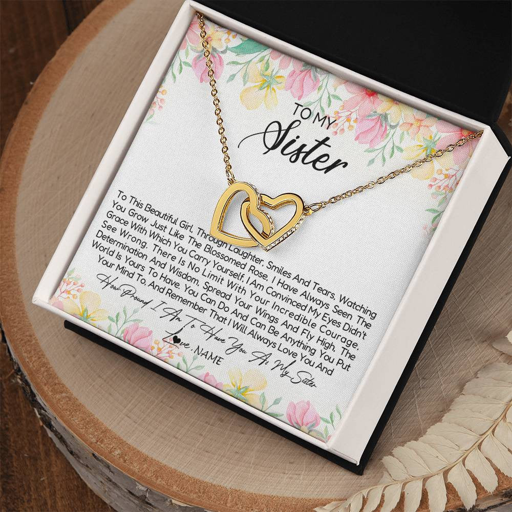 Interlocking Hearts Necklace 18K Yellow Gold Finish | Personalized To My Sister Necklace From Sister Brother To This Beautiful Girl Sister Pendant Jewelry Birthday Christmas Customized Gift Box Message Card | teecentury