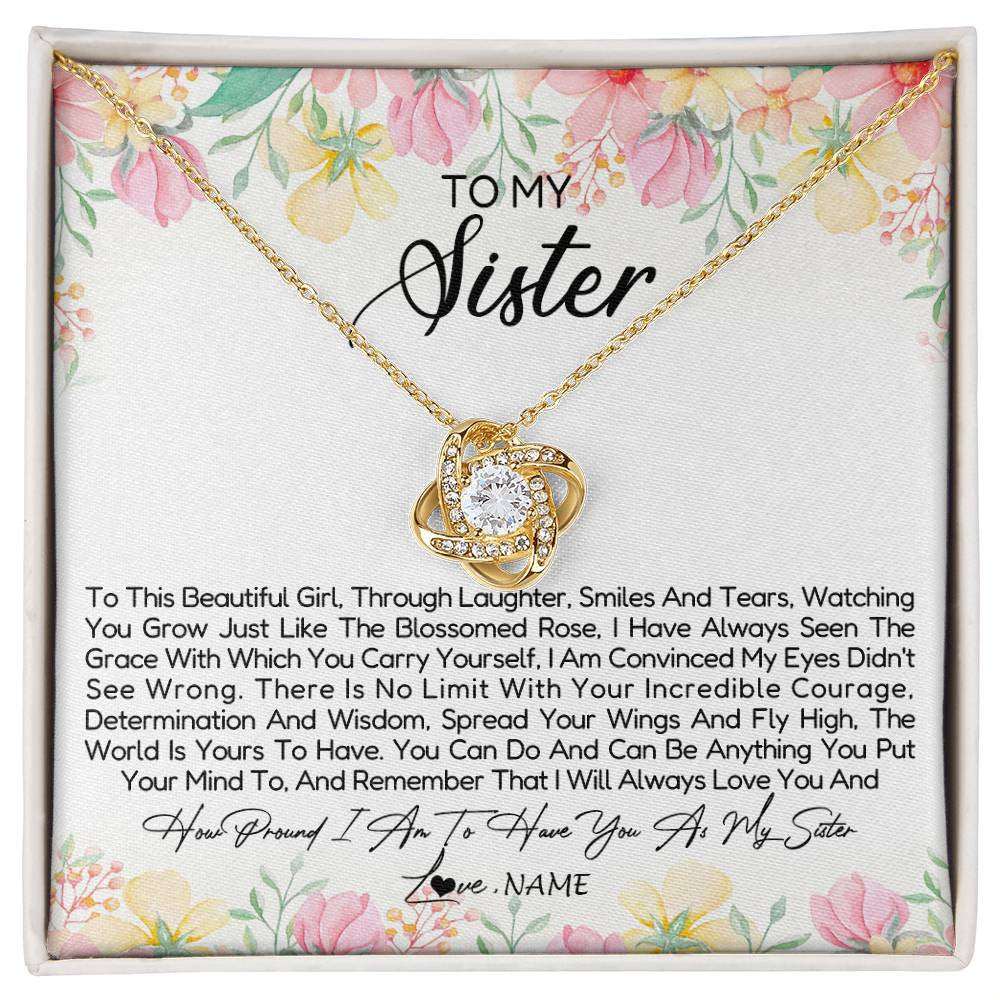 Love Knot Necklace 18K Yellow Gold Finish | Personalized To My Sister Necklace From Sister Brother To This Beautiful Girl Sister Pendant Jewelry Birthday Christmas Customized Gift Box Message Card | teecentury