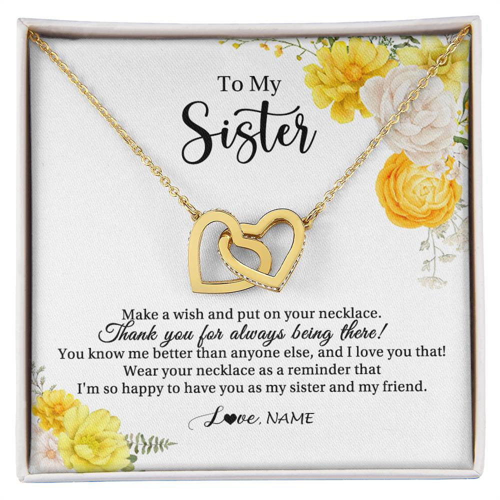 Interlocking Hearts Necklace 18K Yellow Gold Finish | Personalized To My Sister Necklace From Sister My Friend Unbiological Sister Soul Sister Birthday Christmas Graduation Jewelry Customized Gift Box Message Card | teecentury