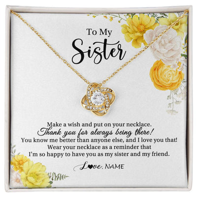 Love Knot Necklace 18K Yellow Gold Finish | Personalized To My Sister Necklace From Sister My Friend Unbiological Sister Soul Sister Birthday Christmas Graduation Jewelry Customized Gift Box Message Card | teecentury
