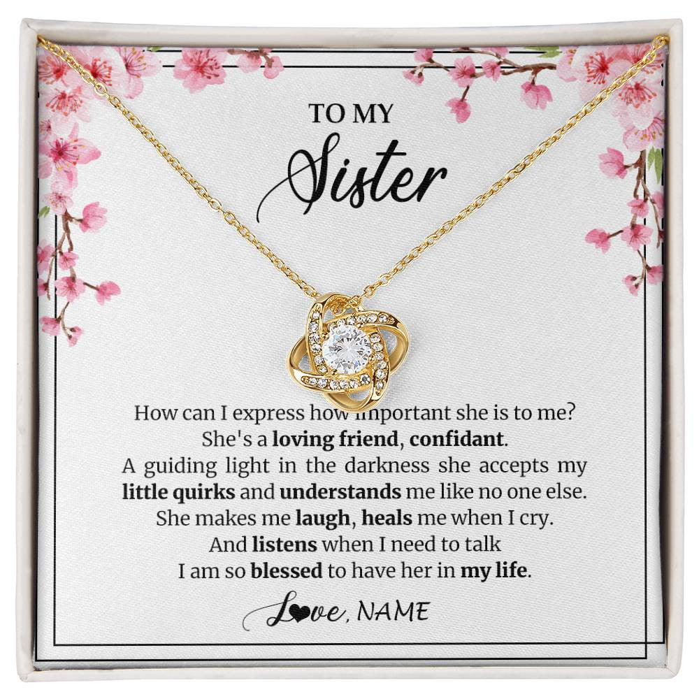 Love Knot Necklace 18K Yellow Gold Finish | 1 | Personalized To My Sister Necklace From Sister She's A Loving Friend Bestie Sister Birthday Graduation Christmas Pendant Customized Gift Box Message Card | teecentury