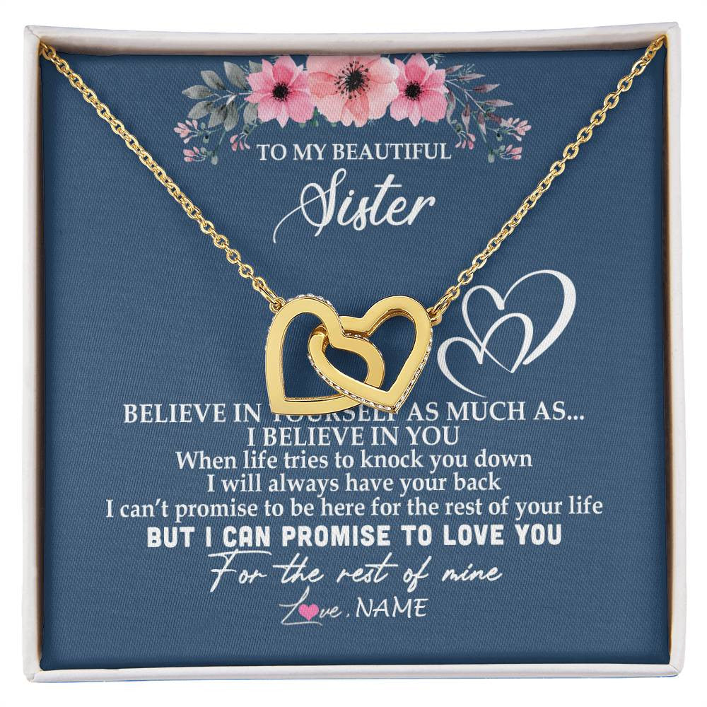 Interlocking Hearts Necklace 18K Yellow Gold Finish | Personalized To My Sister Necklace from Brother Sister Believe In Yourself Sister Birthday Graduation Christmas Customized Message Card | teecentury