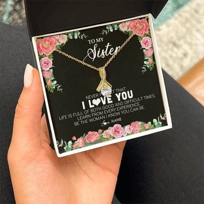 Alluring Beauty Necklace 18K Yellow Gold Finish | Personalized To My Sister Necklace from Brother Sister Never Forget I Love You Floral Jewelry for Sister Birthday Graduation Christmas Customized Message Card | teecentury
