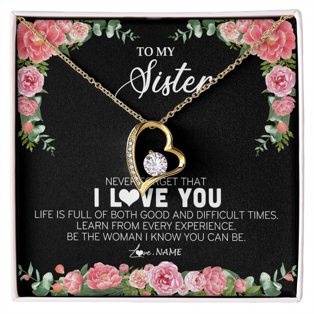 Forever Love Necklace 18K Yellow Gold Finish | Personalized To My Sister Necklace from Brother Sister Never Forget I Love You Floral Jewelry for Sister Birthday Graduation Christmas Customized Message Card | teecentury