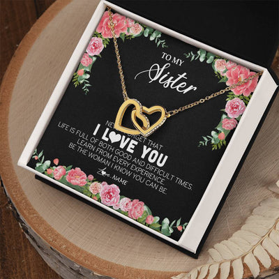 Interlocking Hearts Necklace 18K Yellow Gold Finish | Personalized To My Sister Necklace from Brother Sister Never Forget I Love You Floral Jewelry for Sister Birthday Graduation Christmas Customized Message Card | teecentury