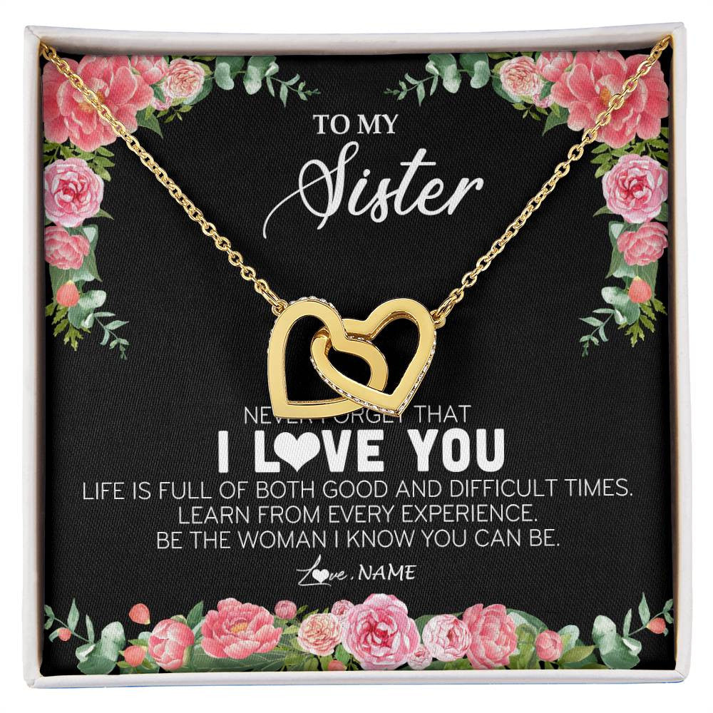 Interlocking Hearts Necklace 18K Yellow Gold Finish | Personalized To My Sister Necklace from Brother Sister Never Forget I Love You Floral Jewelry for Sister Birthday Graduation Christmas Customized Message Card | teecentury