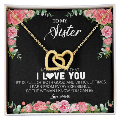 Interlocking Hearts Necklace 18K Yellow Gold Finish | Personalized To My Sister Necklace from Brother Sister Never Forget I Love You Floral Jewelry for Sister Birthday Graduation Christmas Customized Message Card | teecentury