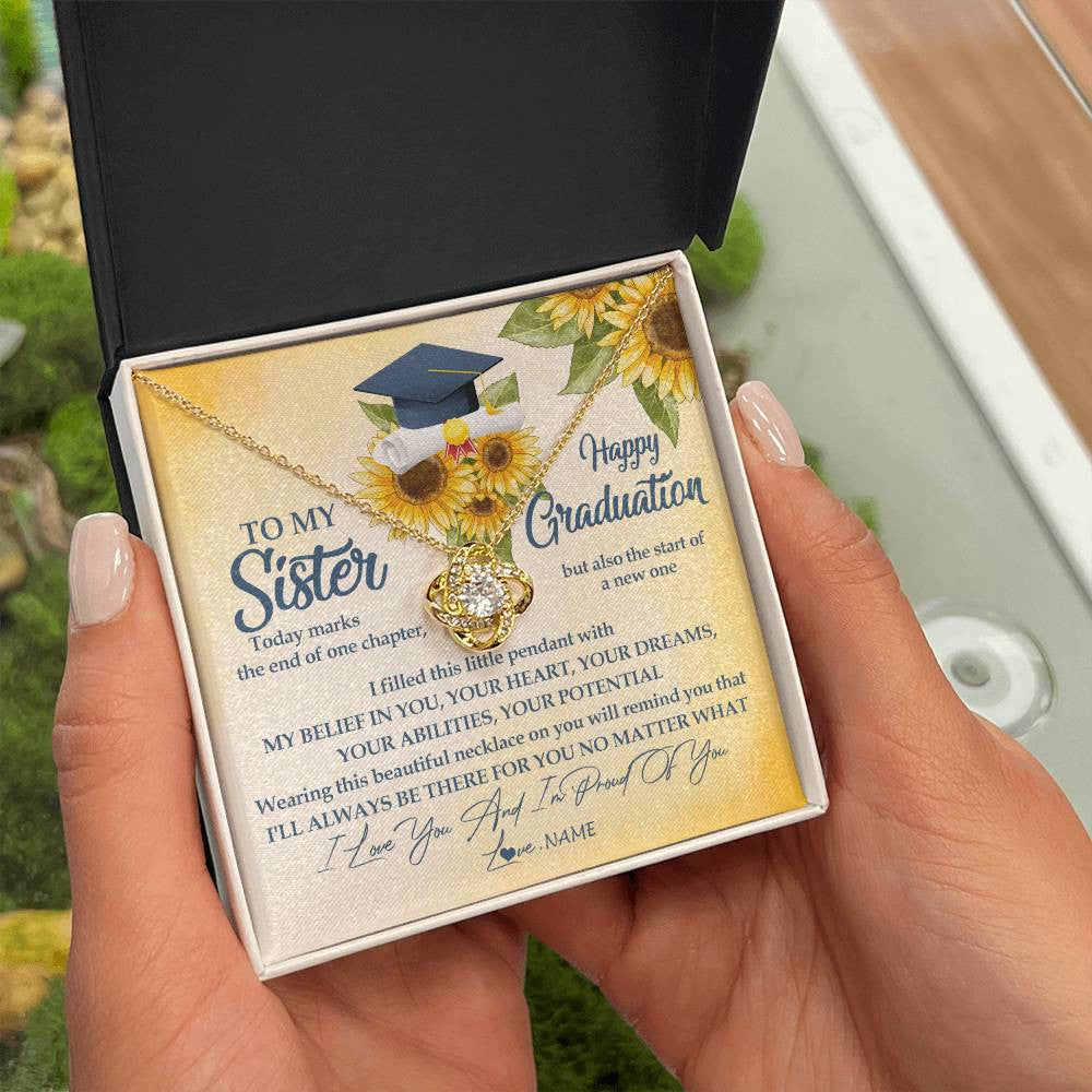 Love Knot Necklace 18K Yellow Gold Finish | Personalized To My Sister On Her Graduation Day Necklace Flower I Love You I'm Proud Of You Class of 2023 Sister Jewelry Customized Gift Box Message Card | teecentury