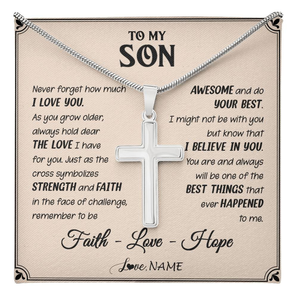 Stainless Cross Necklace Stainless Steel | 1 | Personalized To My Son Cross Necklace From Mom Dad Strength And Faith Son Birthday Gifts Christmas New Year Graduation Customized Gift Box Message Card | teecentury