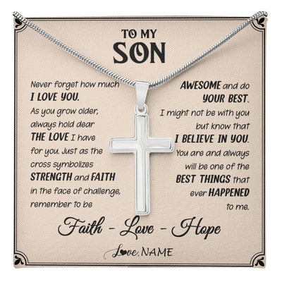 Stainless Cross Necklace Stainless Steel | 1 | Personalized To My Son Cross Necklace From Mom Dad Strength And Faith Son Birthday Gifts Christmas New Year Graduation Customized Gift Box Message Card | teecentury