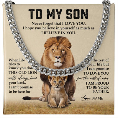 Cuban Link Chain Necklace Stainless Steel | 1 | Personalized To My Son Cuban Necklace From Dad Father Never Forget That I Love You Lion Son Birthday Graduation Christmas Customized Gift Box Message Card | teecentury