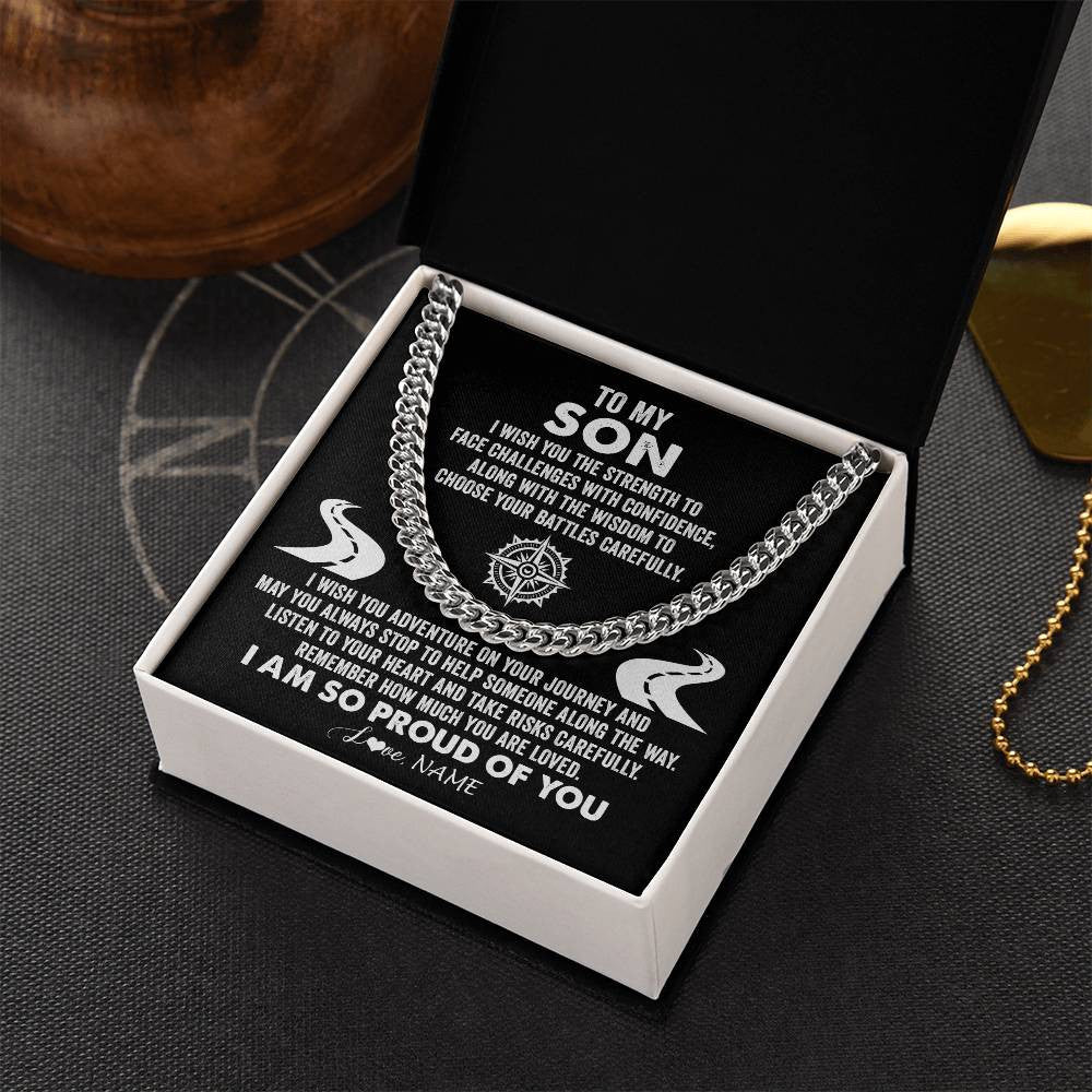 Cuban Link Chain Necklace Stainless Steel | Personalized To My Son Cuban Necklace From Mom Dad Father I Wish You The Strength Son Birthday Graduation Inspirational Customized Gift Box Message Card | teecentury