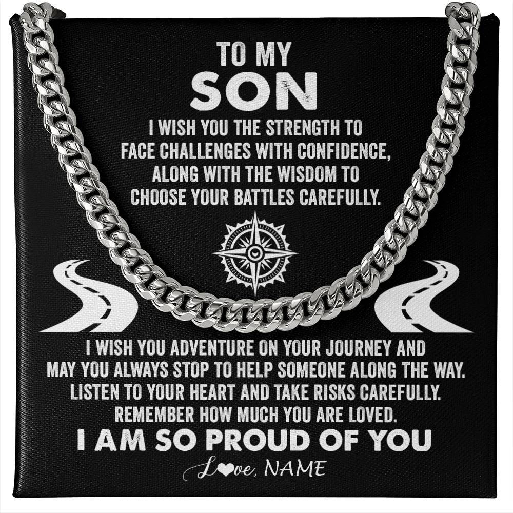 Cuban Link Chain Necklace Stainless Steel | Personalized To My Son Cuban Necklace From Mom Dad Father I Wish You The Strength Son Birthday Graduation Inspirational Customized Gift Box Message Card | teecentury