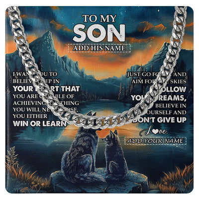 Cuban Link Chain Necklace Stainless Steel | 1 | Personalized To My Son Gifts From Mom Dad Mother Father Necklace Don't Give Up Wolf Gifts For Son Birthday Graduation Christmas Custom Gift Box Message Card | teecentury