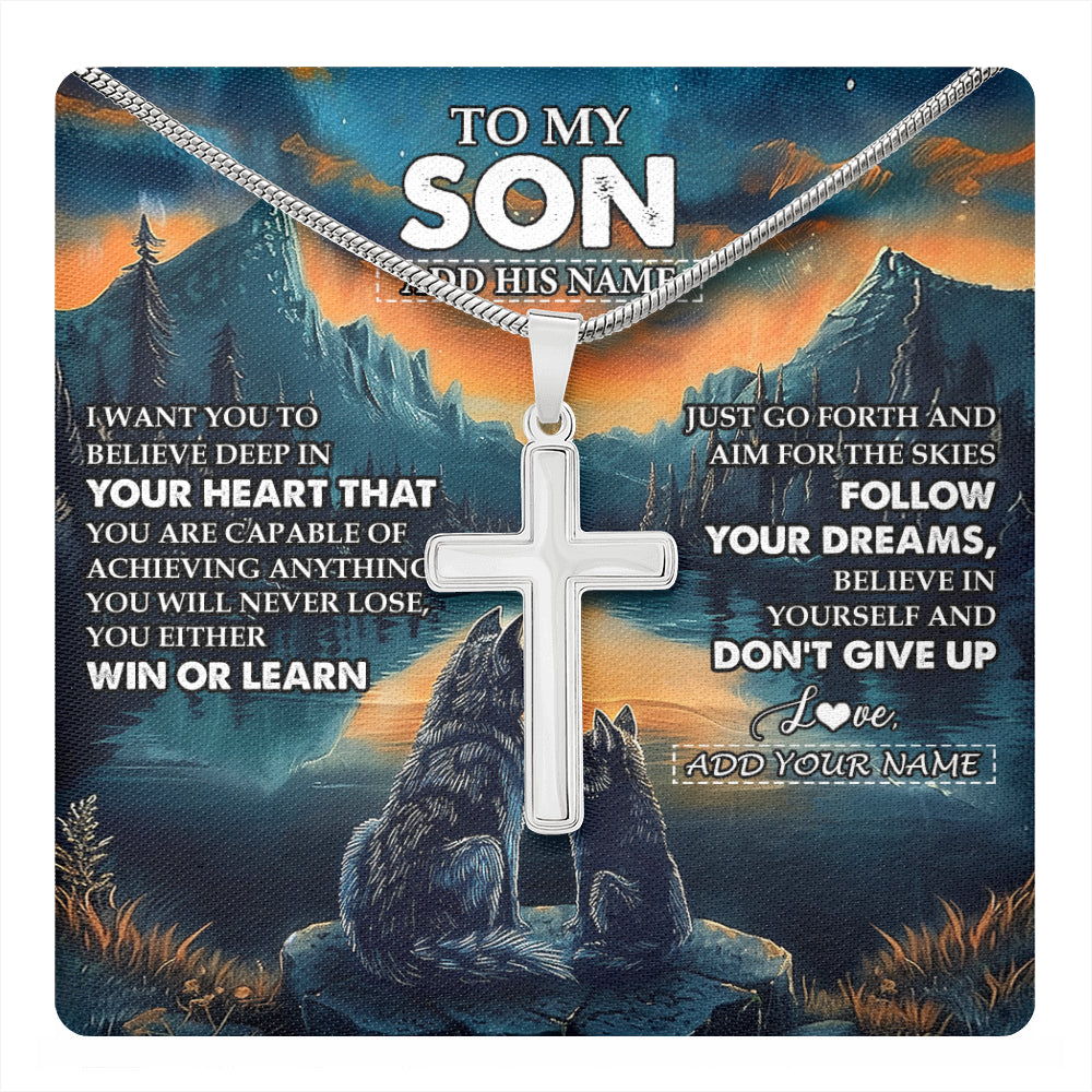 Stainless Cross Necklace Stainless Steel | 1 | Personalized To My Son Gifts From Mom Dad Mother Father Necklace Don't Give Up Wolf Gifts For Son Birthday Graduation Christmas Custom Gift Box Message Card | teecentury