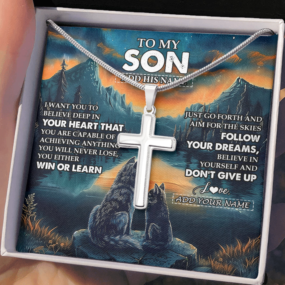 Stainless Cross Necklace Stainless Steel | 2 | Personalized To My Son Gifts From Mom Dad Mother Father Necklace Don't Give Up Wolf Gifts For Son Birthday Graduation Christmas Custom Gift Box Message Card | teecentury