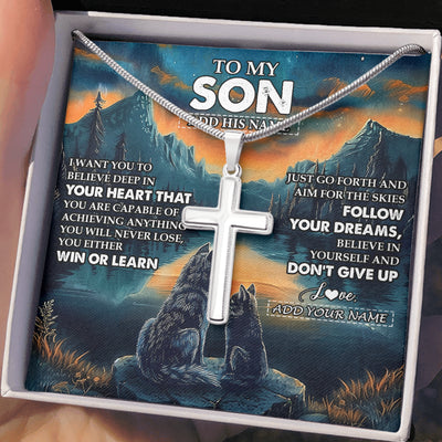 Stainless Cross Necklace Stainless Steel | 2 | Personalized To My Son Gifts From Mom Dad Mother Father Necklace Don't Give Up Wolf Gifts For Son Birthday Graduation Christmas Custom Gift Box Message Card | teecentury