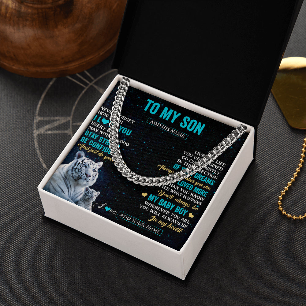 Cuban Link Chain Necklace Stainless Steel | 2 | Personalized To My Son Gifts From Mom Dad Necklace White Tiger Never Forget How Much I Love You Son Birthday Graduation Christmas Gift Box Message Card | teecentury