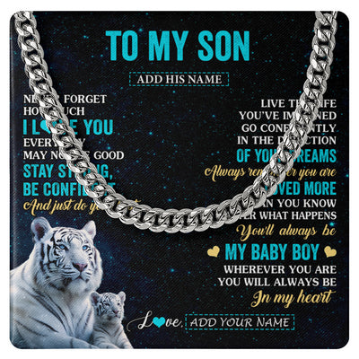 Cuban Link Chain Necklace Stainless Steel | 1 | Personalized To My Son Gifts From Mom Dad Necklace White Tiger Never Forget How Much I Love You Son Birthday Graduation Christmas Gift Box Message Card | teecentury