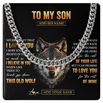 Cuban Link Chain Necklace Stainless Steel | 1 | Personalized To My Son Gifts From Mom Mother Dad Father Necklace Old Wolf Love You Son Birthday Gifts Graduation Christmas Customized Gift Box Message Card | teecentury