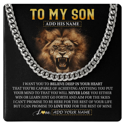Cuban Link Chain Necklace Stainless Steel | 1 | Personalized To My Son Gifts Necklace From Dad Mom Father Believe In Your Heart Lion Son Birthday Gifts Graduation Christmas Custom Gift Box Message Card | https://teecentury.